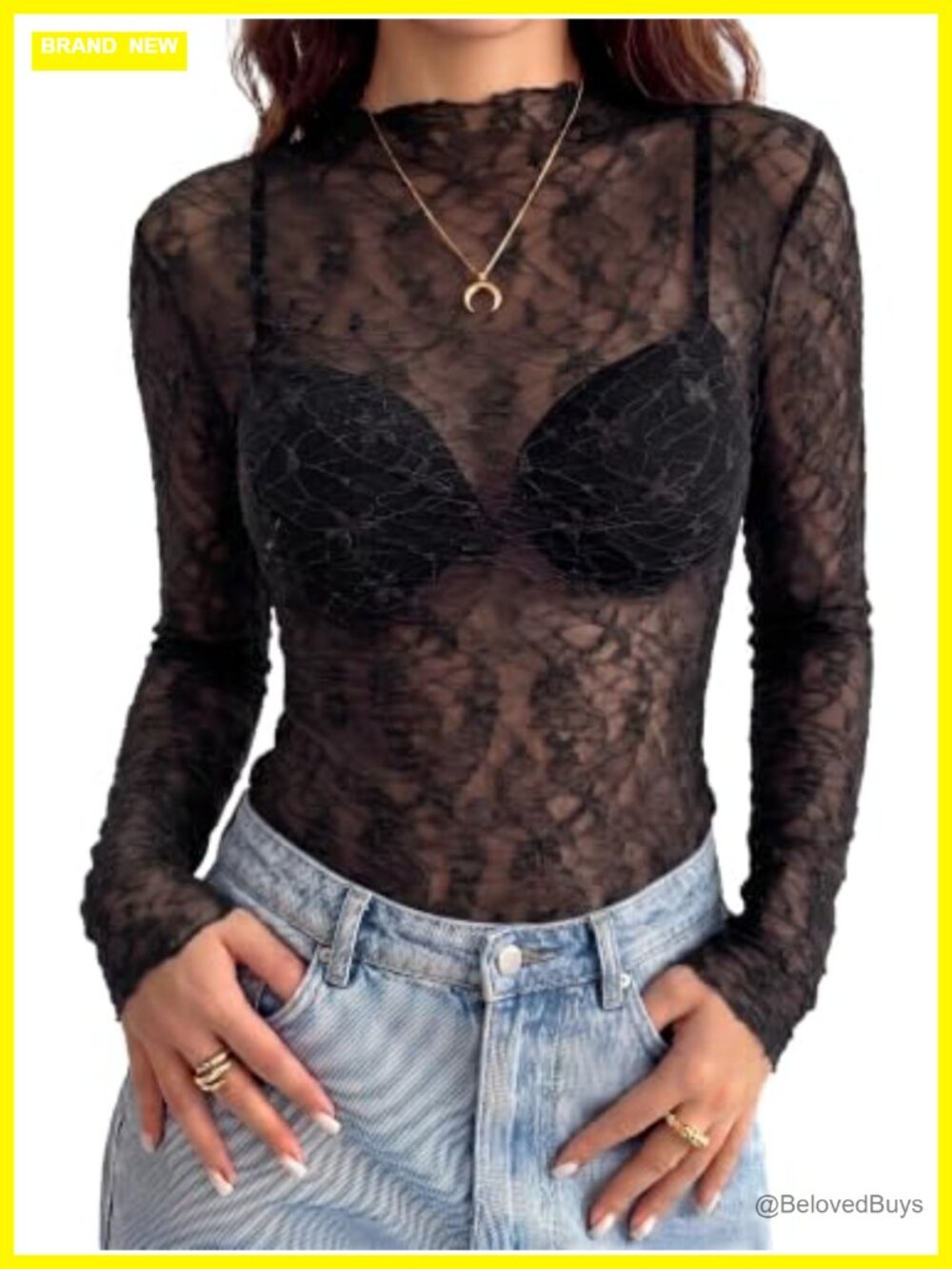 Mesh Lace Long Sleeve Mock Neck Ruffle Slim Fit Blouse